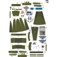A flat layout sheet of many small olive-green, blue, black, and gray model kit parts with printed numbers and a few assembly-style cutout areas, shown on a white background.