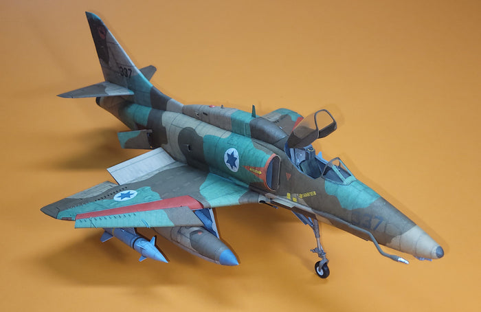 Photo of IAF A-4N Skyhawk cardboard model kit showing detailed parts and packaging