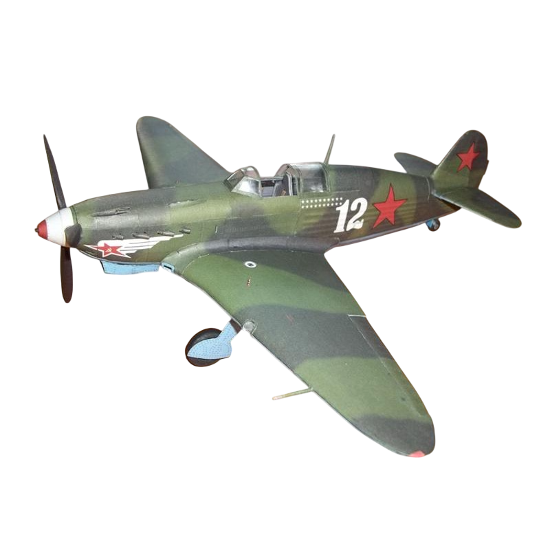 A model or toy military fighter airplane shown alone on a plain white background. The aircraft has a green camouflage paint scheme with red stars, white '12' markings, and small light blue accents on the wing and nose area.