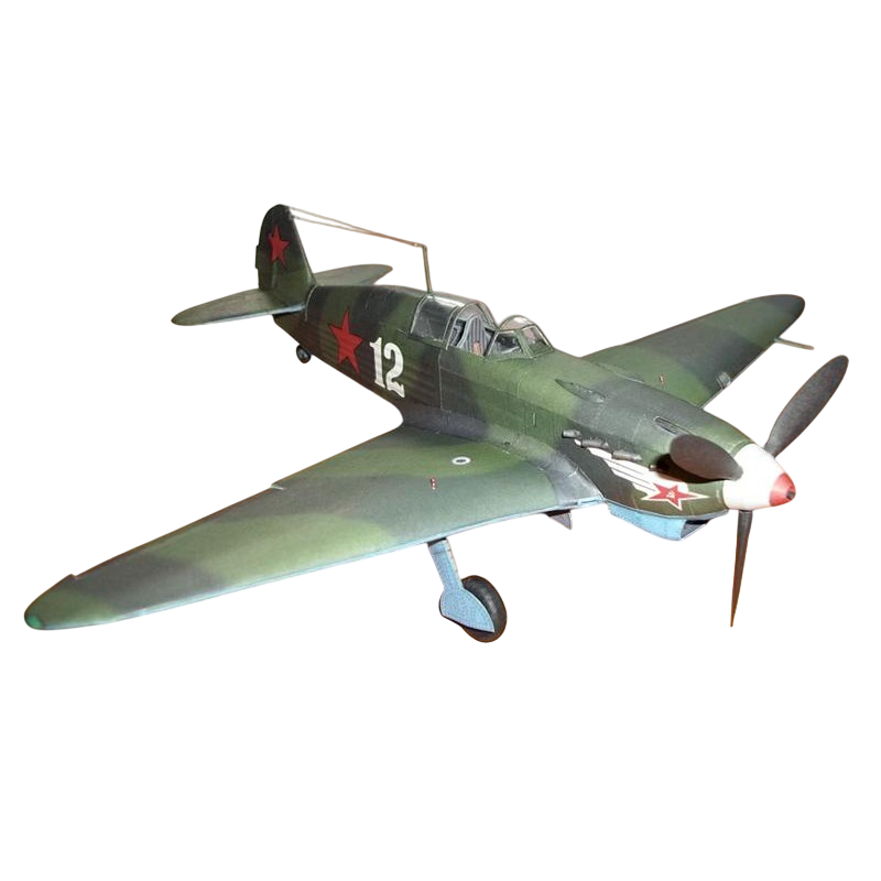 A scale model of a vintage military fighter plane, painted in a green camouflage pattern with red star insignias and the number 12 on the fuselage, isolated on a white background.