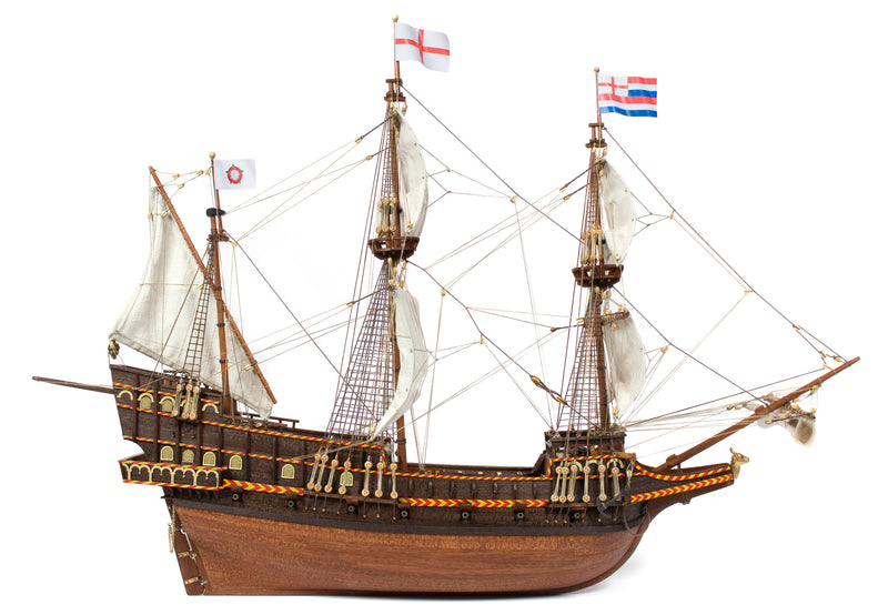 Photo of OcCre Golden Hind 1:85 wooden model ship kit showing detailed wooden hull and historical galleon design.