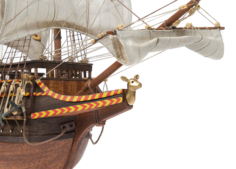 Photo of OcCre Golden Hind 1:85 wooden model ship kit showing detailed wooden hull and historical galleon design.