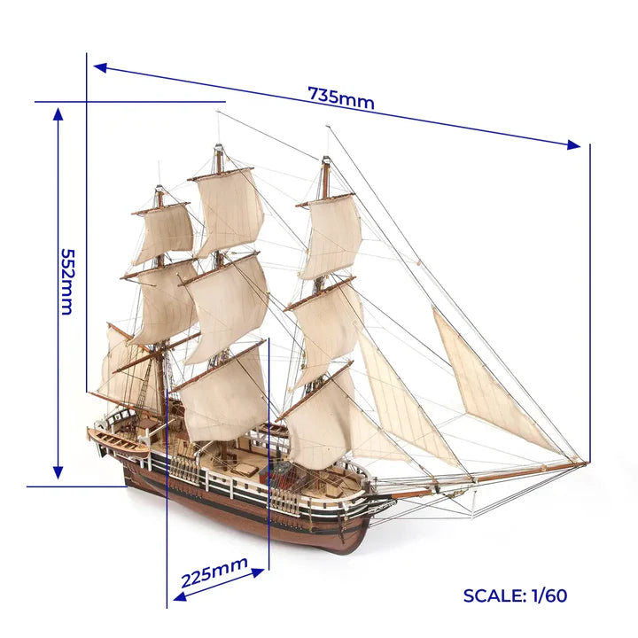 Photo of OcCre Essex 1:60 scale wooden model ship kit with detailed rigging and historical design
