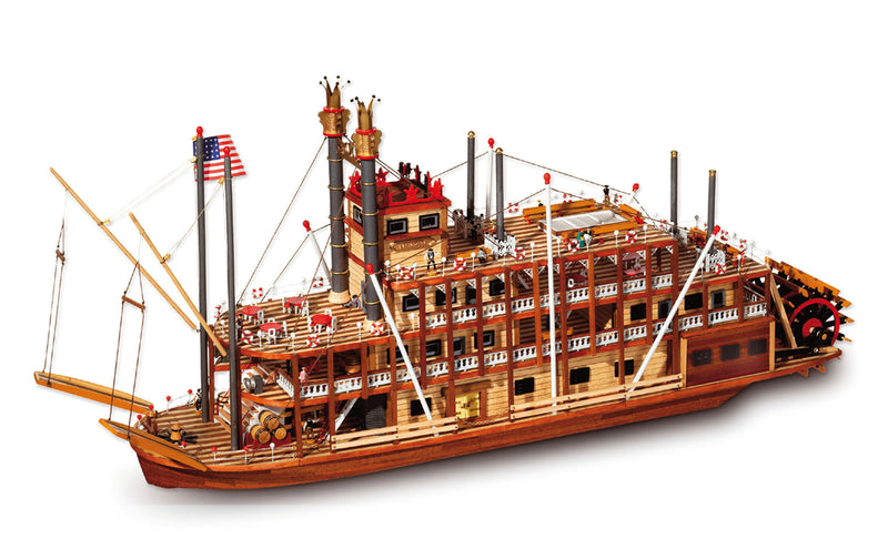Photo of the OcCre Mississippi 1:80 scale wooden steamboat model kit with paddle-wheel and detailed historical design