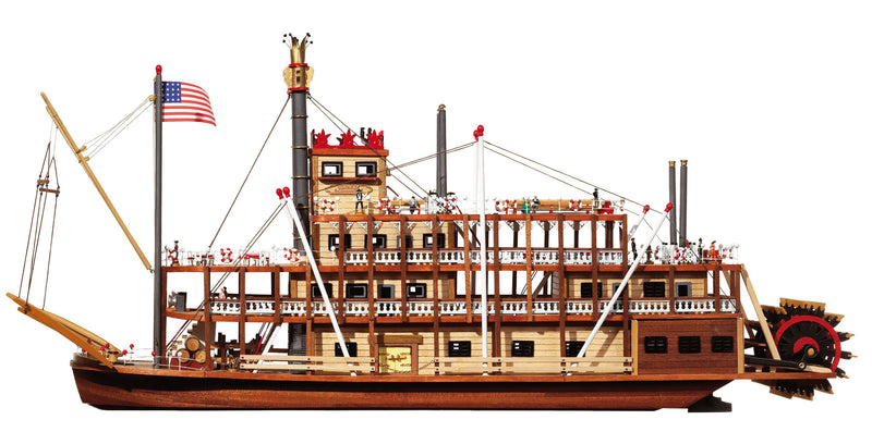 Photo of the OcCre Mississippi 1:80 scale wooden steamboat model kit with paddle-wheel and detailed historical design