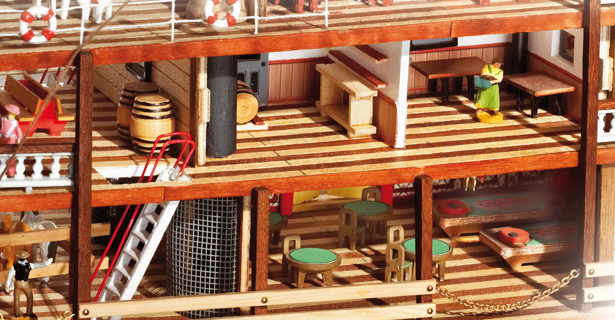 Photo of the OcCre Mississippi 1:80 scale wooden steamboat model kit with paddle-wheel and detailed historical design
