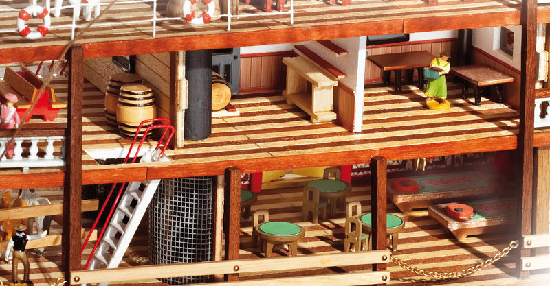 Photo of the OcCre Mississippi 1:80 scale wooden steamboat model kit with paddle-wheel and detailed historical design