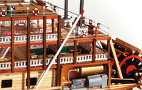 Photo of the OcCre Mississippi 1:80 scale wooden steamboat model kit with paddle-wheel and detailed historical design
