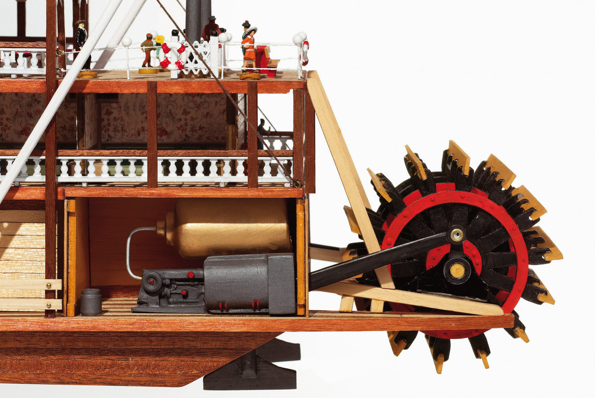 Photo of the OcCre Mississippi 1:80 scale wooden steamboat model kit with paddle-wheel and detailed historical design