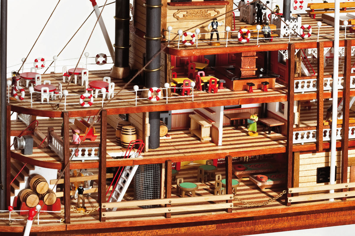 Photo of the OcCre Mississippi 1:80 scale wooden steamboat model kit with paddle-wheel and detailed historical design