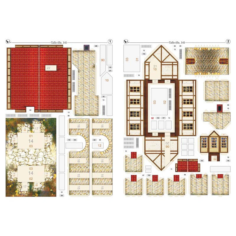 A flat architectural layout sheet showing multiple room and area plans with labels, measurements, and colored sections in red, beige, white, and brown, likely a design or construction plan diagram.