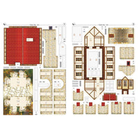 A flat architectural layout sheet showing multiple room and area plans with labels, measurements, and colored sections in red, beige, white, and brown, likely a design or construction plan diagram.
