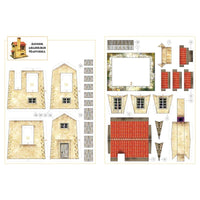Papier-mâchâre puzzle kit sheets for assembling a house model, showing flat cut pieces and assembly instructions on a white background.