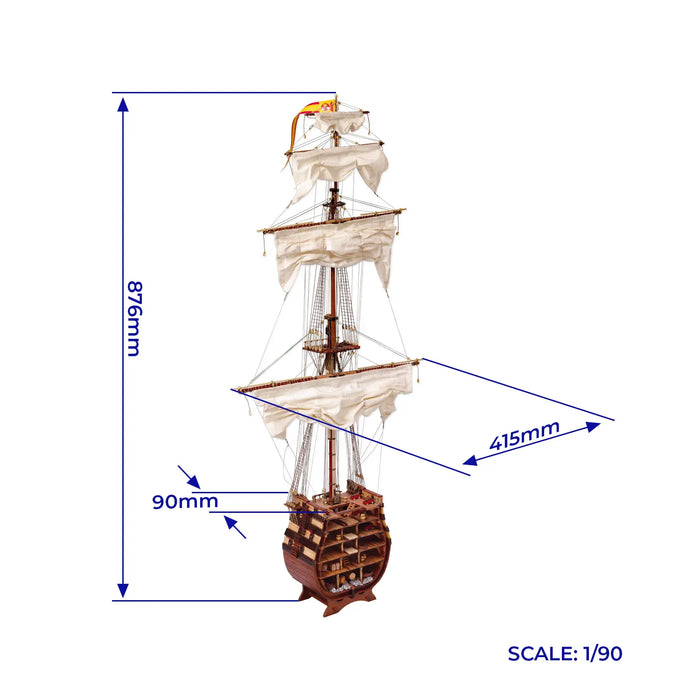 Photo of the Santísima Trinidad cross-section model kit by OcCre in 1/90 scale, showcasing detailed inner ship structure and mainmast elements.
