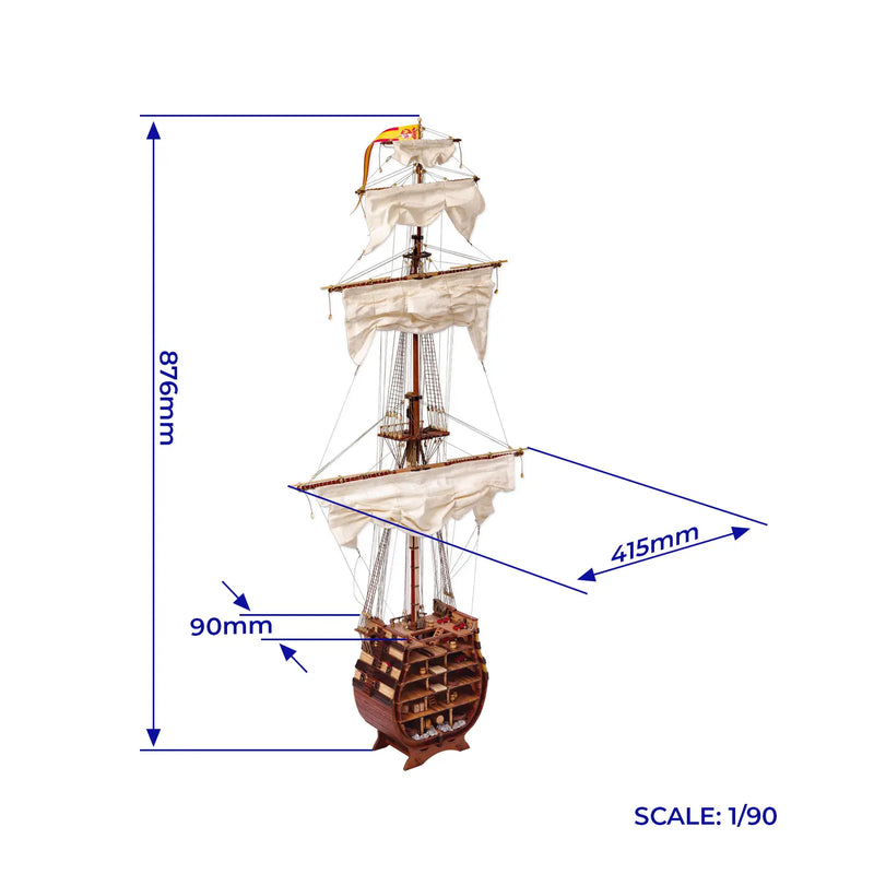 Photo of the Santísima Trinidad cross-section model kit by OcCre in 1/90 scale, showcasing detailed inner ship structure and mainmast elements.