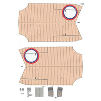 A technical layout diagram showing two large beige panel pieces with a circular inset labeled Cry5, plus small gray component pieces and measurement labels on a white background.