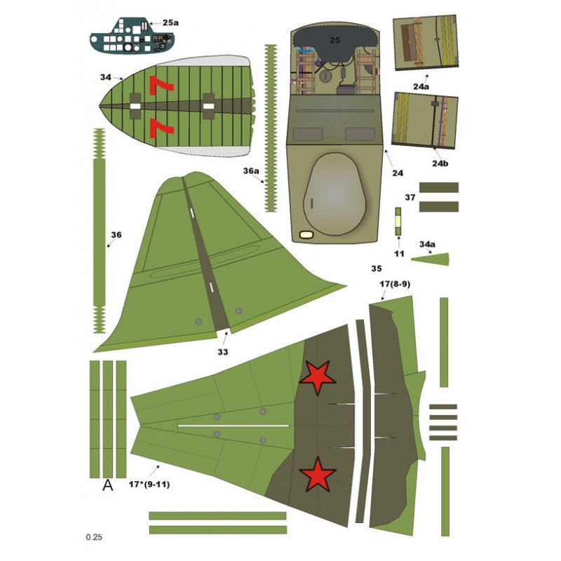 A flat technical layout of a model aircraft or boat kit parts in olive green, dark green, tan, black, and red, with small numbered cut pieces and arrows on a white background.