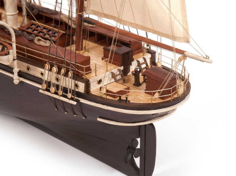 Photo of OcCre Endurance 1:70 wooden model ship kit with sails, nameplate, and detailed wooden construction