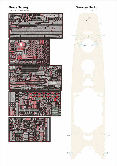 A product layout sheet showing four photo etching trays with red, pink, and gray metallic patterns on the left, and a large cream-colored wooden deck template with cutout shapes on the right. Text at the top reads 'Photo Etching' and 'Wooden Deck'.