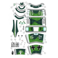 A flat exploded layout of a green and white track or field panel kit with numbered parts and line drawings on a white background.