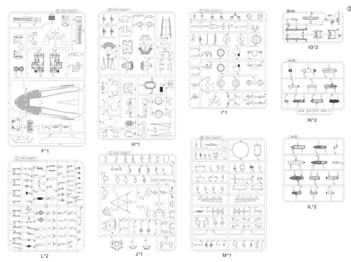 A sheet of printed technical assembly diagrams and parts illustrations for a model kit, shown against a white background with multiple labeled panels.