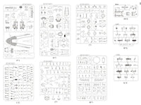 A sheet of printed technical assembly diagrams and parts illustrations for a model kit, shown against a white background with multiple labeled panels.