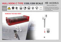 Model kit packaging for a hull hook C type with scale information and branding.