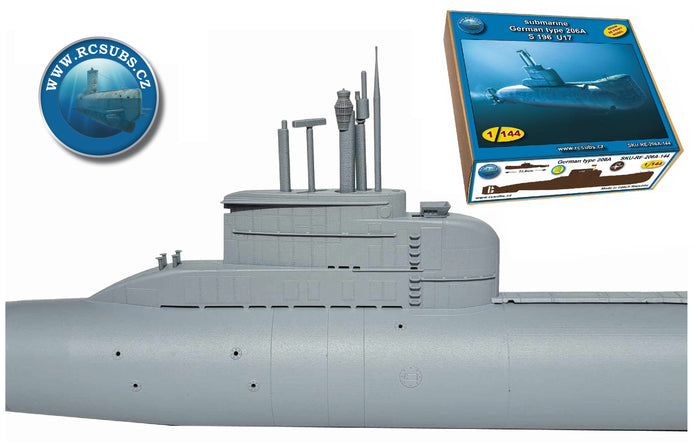 Photo of a 1:144 scale resin model of the German Type 206A submarine by RC Subs, showing detailed hull features and accurate Cold War-era design.