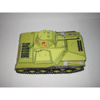 A miniature model of a military tank in olive drab green with black treads and a small red and yellow emblem on the side, photographed on a plain light background.