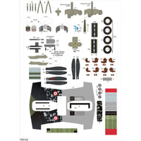 A technical decal sheet for model aircraft, featuring various printed parts, stripes, and graphics with Russian text labels and scale markings on a white background.