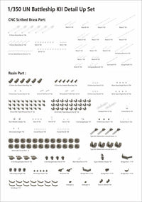 A parts list sheet for a 1/350 scale model kit, showing detailed upsets and brass hardware for a UJN Battleship KII. The sheet is divided into two sections: 'CNC Scribed Brass Part:' with silver metal parts, and 'Resin Part:' with black and gray plastic parts, all labeled with part numbers and names on a white background.