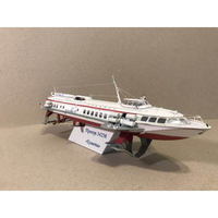 A detailed model of the Soviet project 343M passenger ship 'Krasny' on a display stand, photographed against a neutral beige background.