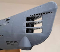 Photo of German U-Boat Type XXI U-2540 submarine model kit in 1/72 scale with 3D printed details and photo-etched parts