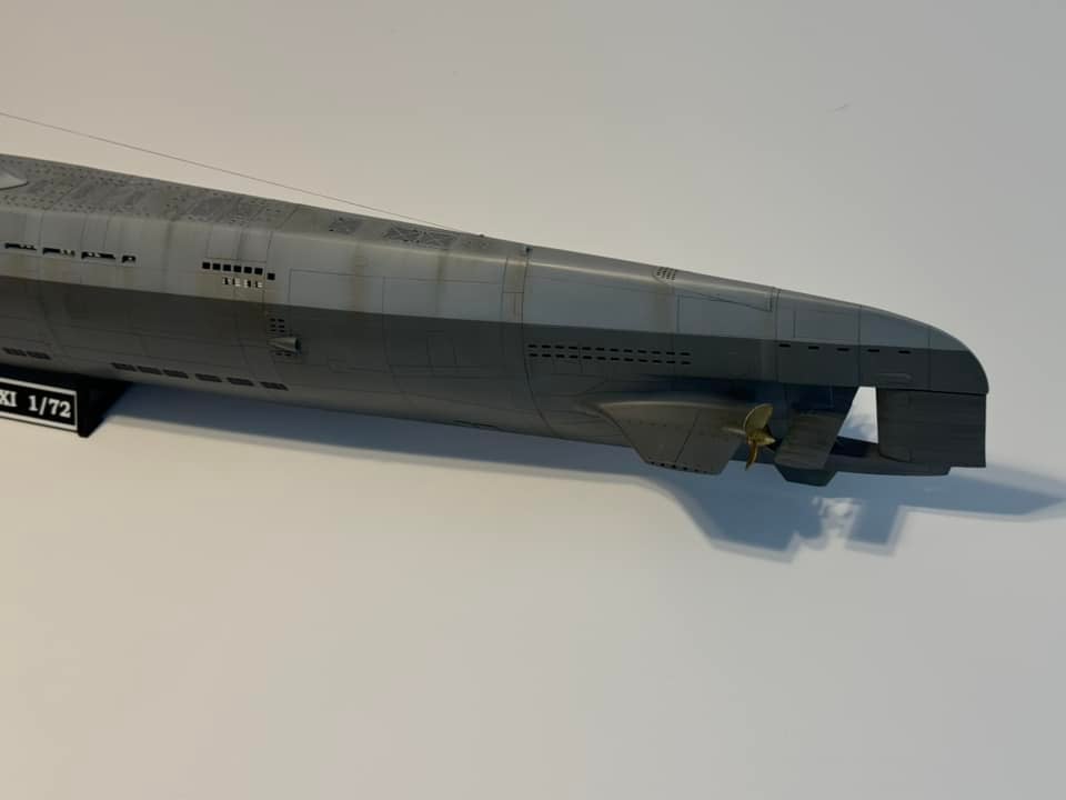 Photo of German U-Boat Type XXI U-2540 submarine model kit in 1/72 scale with 3D printed details and photo-etched parts