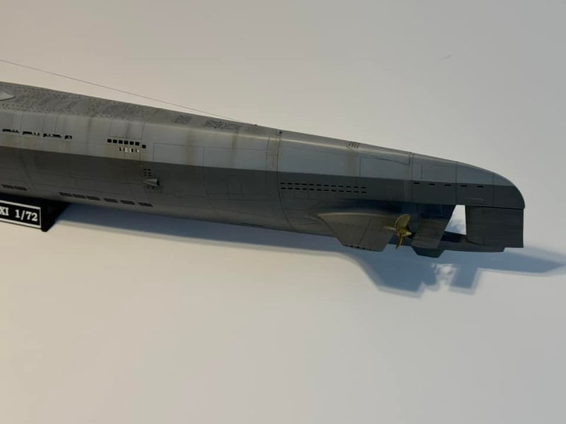 Photo of German U-Boat Type XXI U-2540 submarine model kit in 1/72 scale with 3D printed details and photo-etched parts