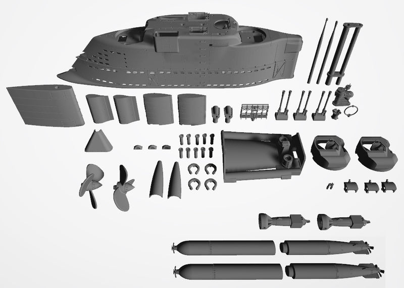 Photo of German U-Boat Type XXI 1:144 Revell detail set with photo-etched brass and 3D printed resin upgrade parts.