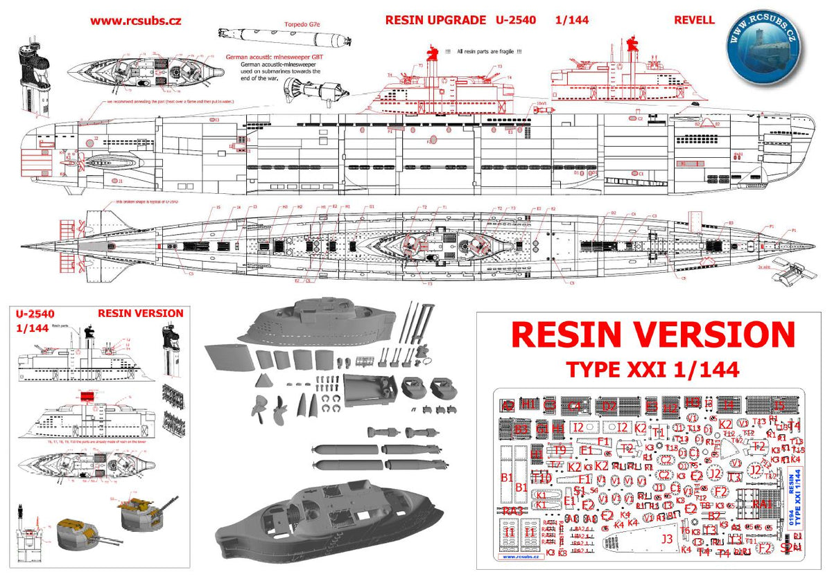 Photo of German U-Boat Type XXI 1:144 Revell detail set with photo-etched brass and 3D printed resin upgrade parts.