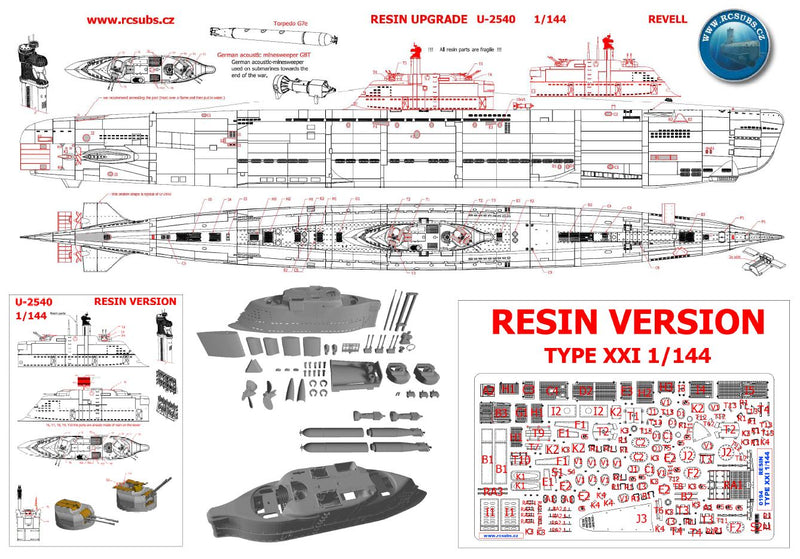 Photo of German U-Boat Type XXI 1:144 Revell detail set with photo-etched brass and 3D printed resin upgrade parts.