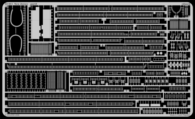 Photo of Eduard 53011 USS New Jersey 1/350 photo etched detail set for Tamiya model kit contents