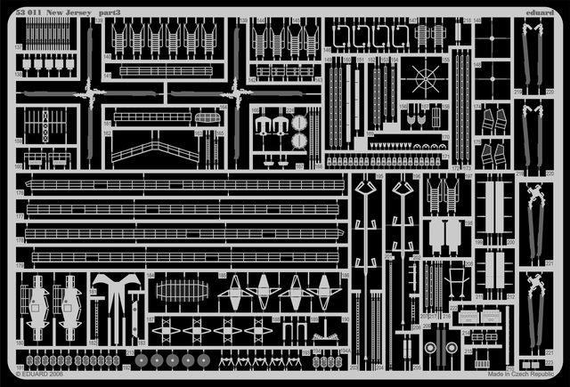 Photo of Eduard 53011 USS New Jersey 1/350 photo etched detail set for Tamiya model kit contents