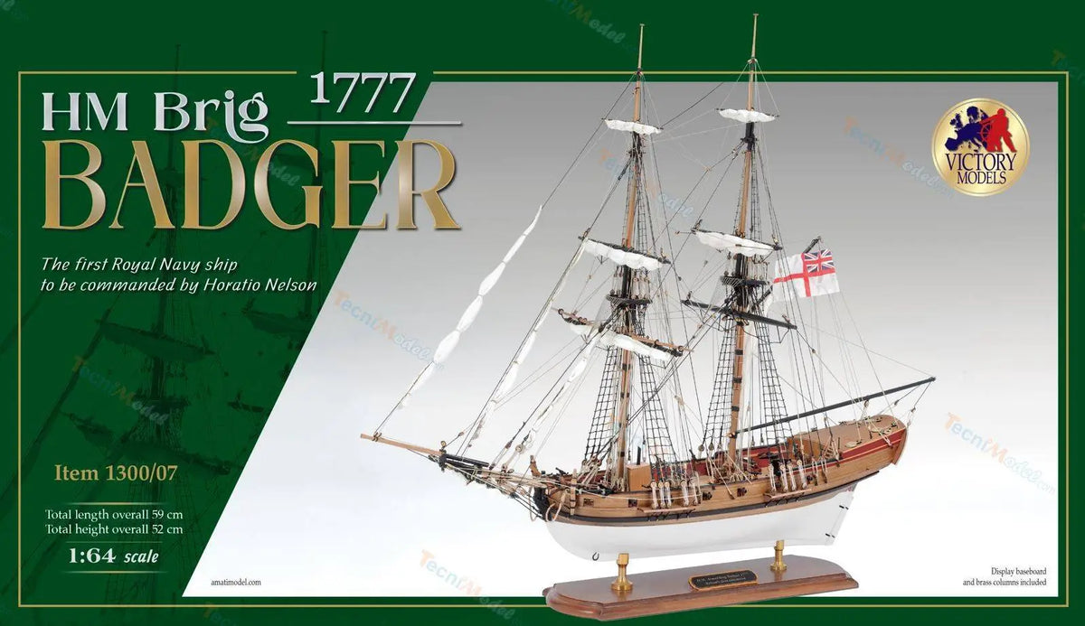 Photo of HM Badger 1777 wooden model ship kit by Amati B1300/07 in 1:64 scale, Royal Navy brig commanded by Horatio Nelson