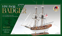 Photo of HM Badger 1777 wooden model ship kit by Amati B1300/07 in 1:64 scale, Royal Navy brig commanded by Horatio Nelson