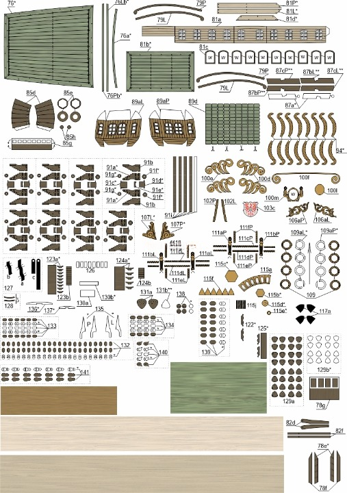 A detailed sheet of miniature model kit parts, decals, and accessories for building wooden structures, featuring various wood-grain panels, brackets, screws, and decorative elements with printed labels and numbers.