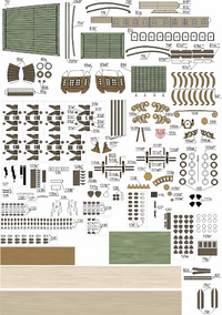 A detailed sheet of miniature model kit parts, decals, and accessories for building wooden structures, featuring various wood-grain panels, brackets, screws, and decorative elements with printed labels and numbers.