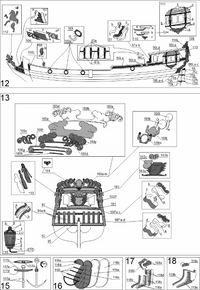 Black and white technical schematic diagram showing multiple labeled parts of a boat, with callouts, inset detail views, and numbered components arranged around a side and front view of the vessel.