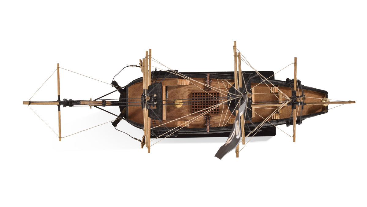 Photo of Amati First Step Pirate Ship 1:135 Scale Wooden Model Kit (A600.01) fully assembled.