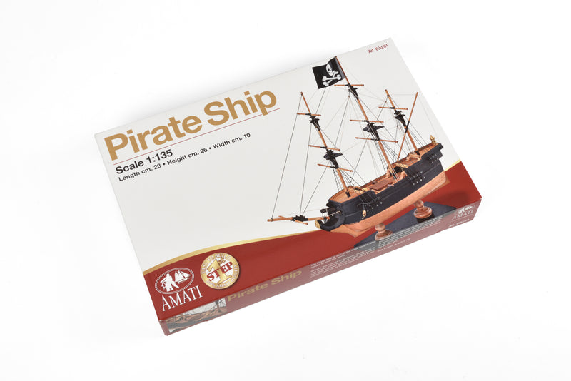 Photo of Amati First Step Pirate Ship 1:135 Scale Wooden Model Kit (A600.01) fully assembled.