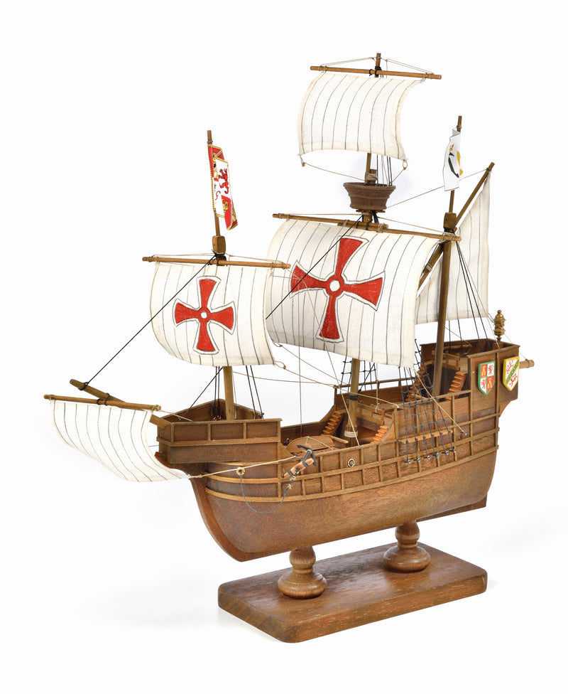 Photo of Amati First Step Model Santa Maria 1:100 scale wooden ship kit showing assembled model with wooden hull and sails.