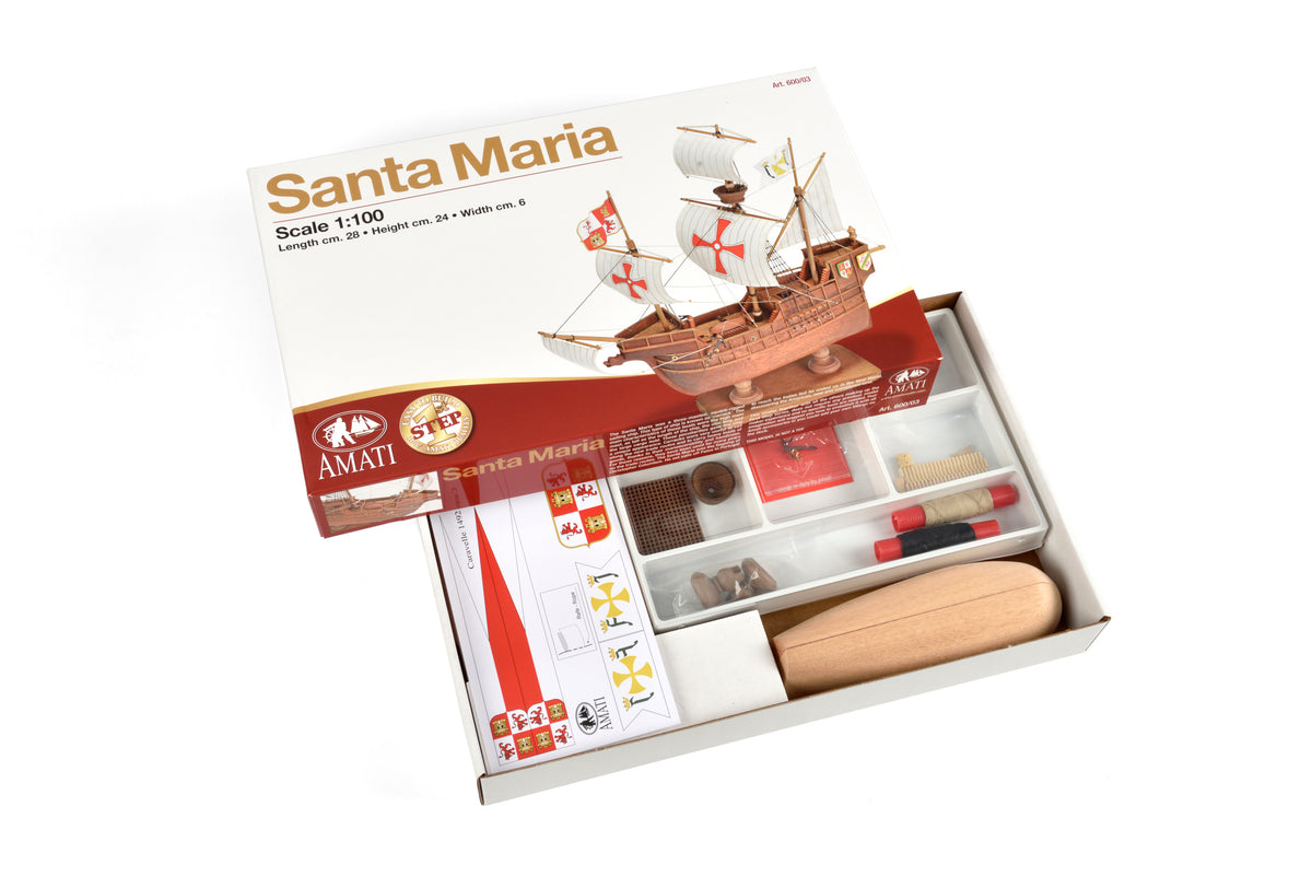 Photo of Amati First Step Model Santa Maria 1:100 scale wooden ship kit showing assembled model with wooden hull and sails.