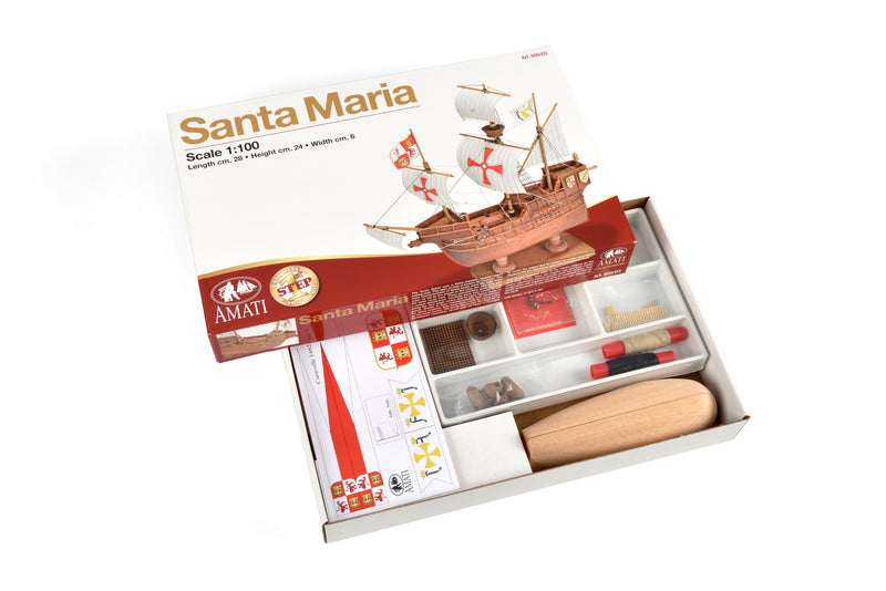 Photo of Amati First Step Model Santa Maria 1:100 scale wooden ship kit showing assembled model with wooden hull and sails.